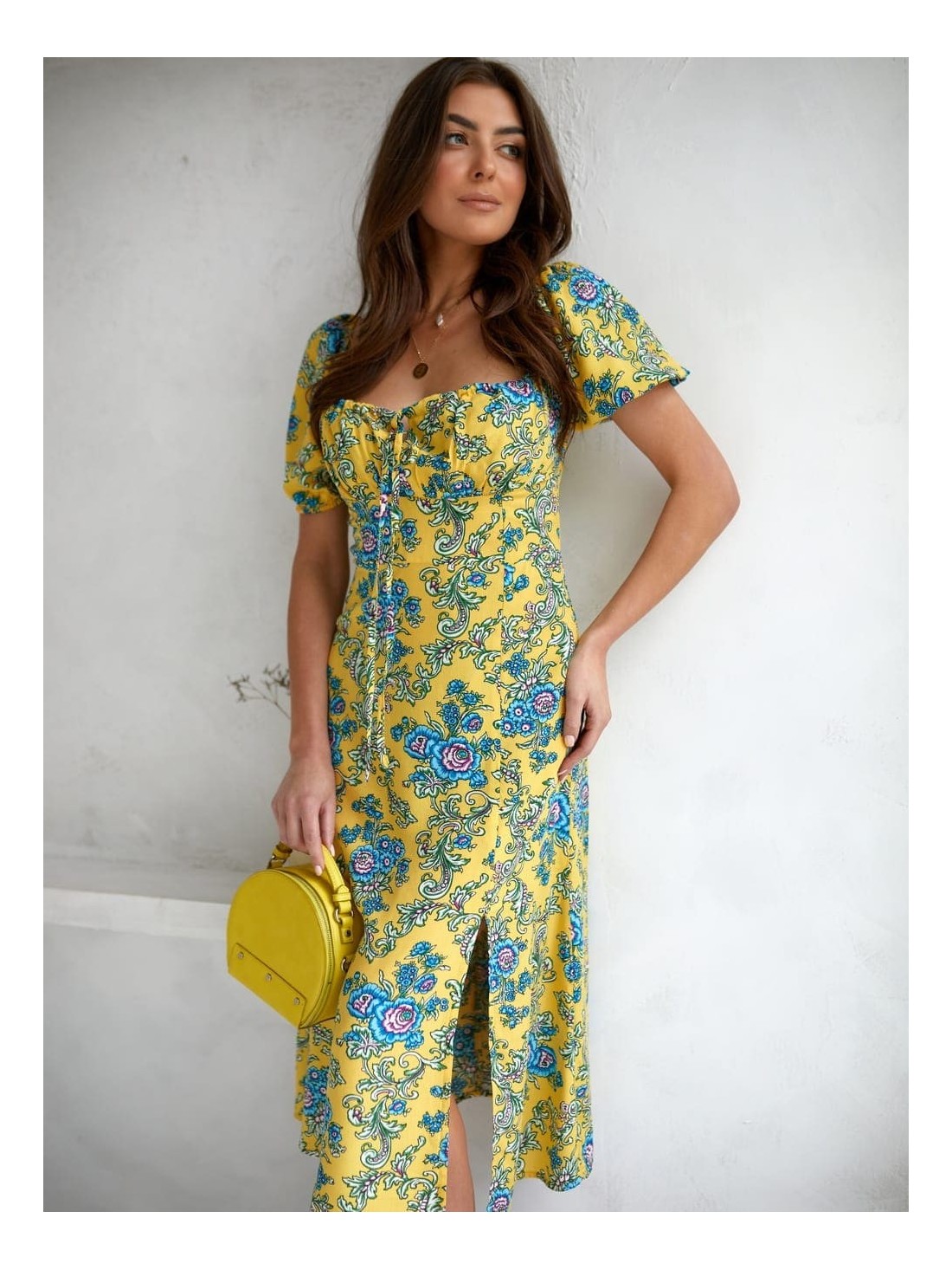 Patterned maxi dress with a tied neckline, yellow 0596 - Online store - Boutique